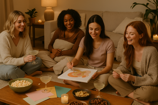 Women gathered for a cozy sober-curious girls’ night in with blankets and soft lighting