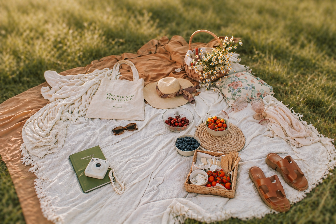Sunlit picnic setup on a soft blanket in a grassy field, featuring fresh fruit, cheese, woven baskets, flowers, a straw hat, and sandals with a softly blurred, dreamy background.