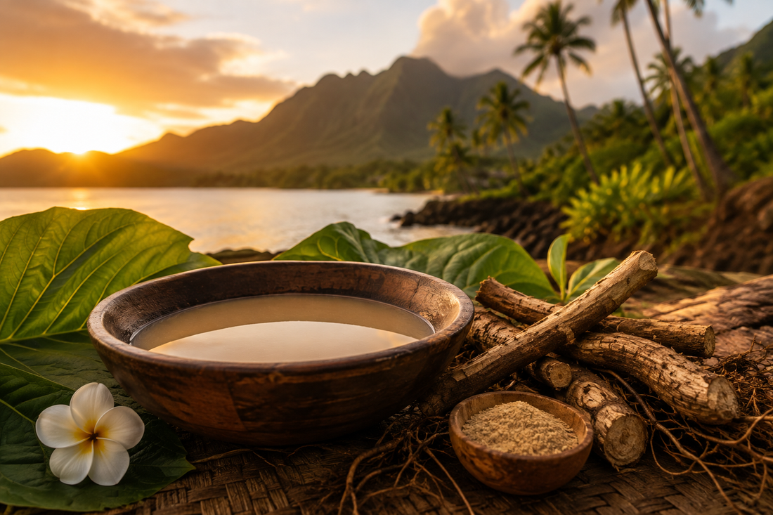A bowl of traditional kava drink sits on a rustic wooden table surrounded by lush tropical greenery, palm leaves, and earthy natural elements in warm sunlight.