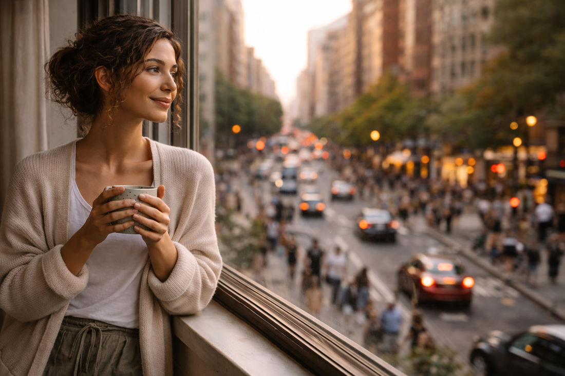 Woman holding a mug by a window overlooking a busy city street at sunset, representing calm, grounding, and mindful living in an urban space.