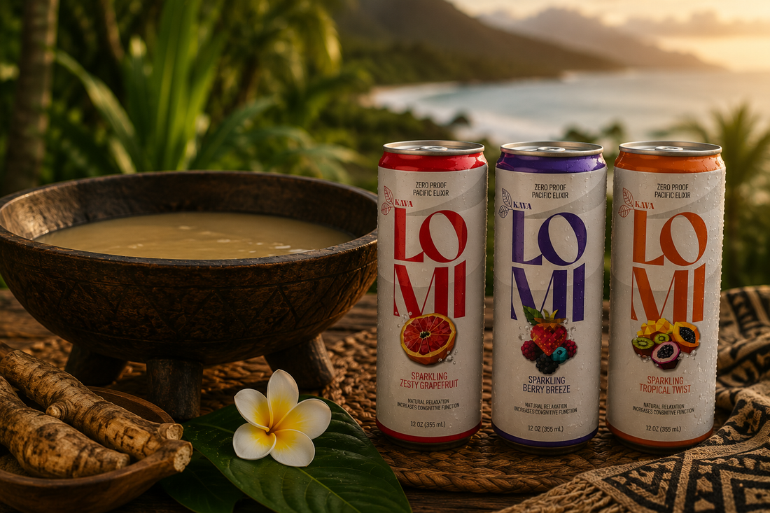 Lomi kava cans displayed beside a traditional kava bowl and fresh kava roots.
