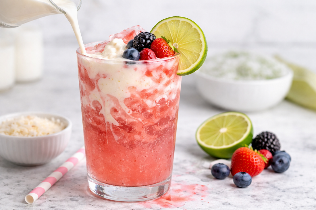 Berry dirty soda mocktail with coconut, lime juice, and cream over ice in a glass