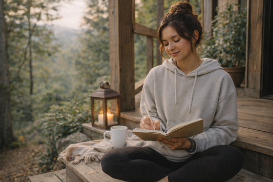 Young woman sitting outdoors in nature writing in a journal, wearing a cozy hoodie and leggings with a mug and lantern beside her, surrounded by soft greenery and warm natural light creating a calm, reflective atmosphere.