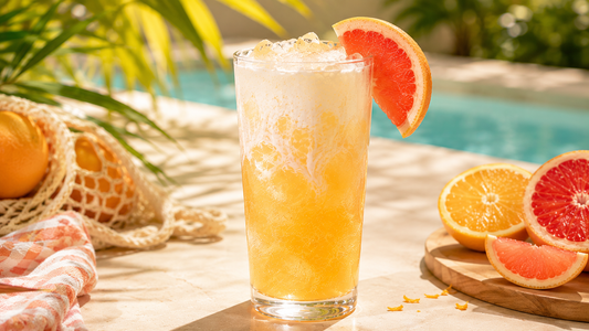 A tall layered citrus dreamsicle mocktail in a clear glass filled with crushed ice, featuring a light orange sparkling drink swirled with creamy vanilla topping and garnished with a fresh grapefruit slice by a sunny tropical poolside setting.