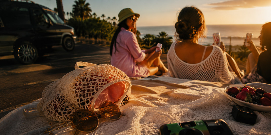 Friends enjoying a golden hour beachside picnic with Lomi cans in hand, surrounded by summer essentials, fresh fruit, and ocean sunset views during a spontaneous summer hangout.