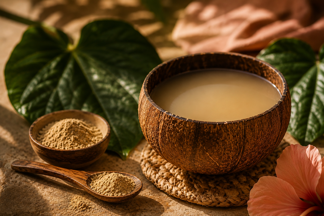  Warm golden-toned still life of traditional kava in a coconut shell bowl surrounded by kava powder, tropical leaves, and soft natural sunlight, creating a calming tropical wellness atmosphere.