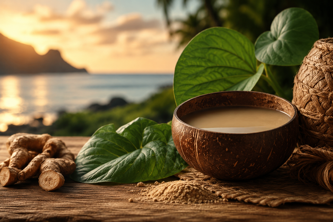 Kava drink served in a coconut shell on a stone surface with tropical green leaves