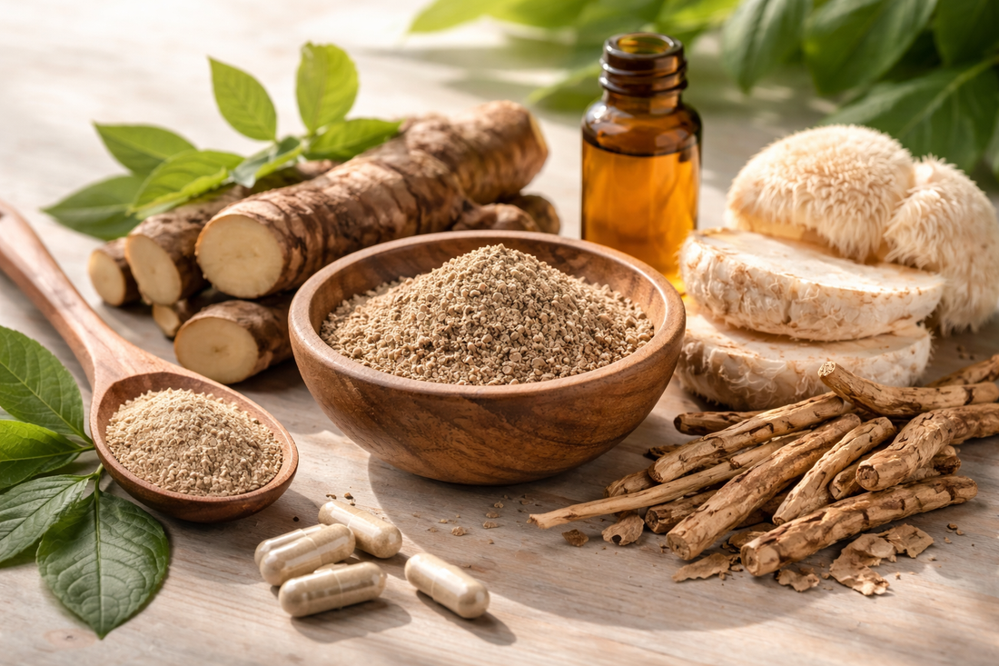 Close-up of natural wellness ingredients on a wooden surface, featuring a bowl of kava powder, fresh kava root pieces, lion’s mane mushrooms, ashwagandha roots, capsules, and a small amber glass bottle in soft natural light.