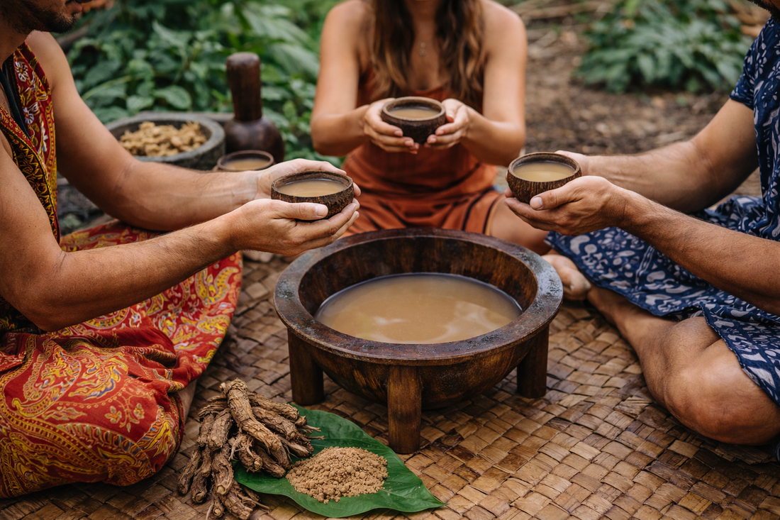 Group participating in a traditional kava ceremony, seated on woven mats and holding coconut shell cups around a communal kava bowl in a natural outdoor setting.